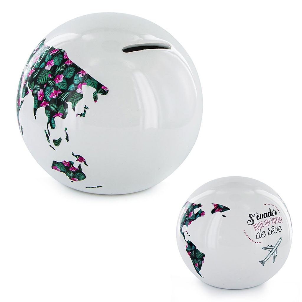 Tirelire ronde globe spéciale voyage 11.5x9cm