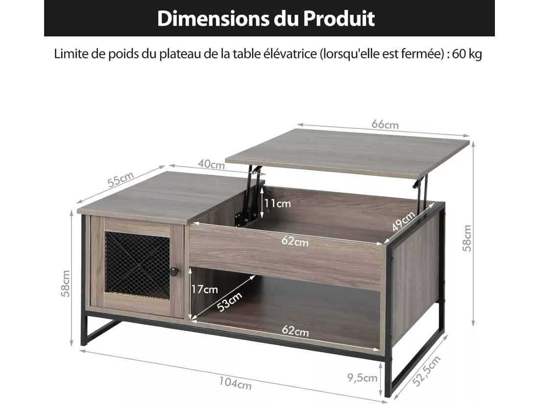 Table Basse Relevable avec 1 Compartiment Ouvert et Placard à 2 Portes, Table Basse Transformable avec Cadre en Métal pour Salon Bureau Chambre, 104x52,5x44,5CM