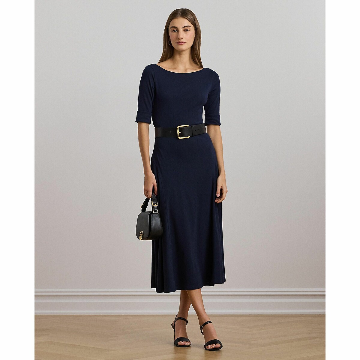 LAUREN RALPH LAUREN<br>Vestido midi com decote canoa e mangas até o cotovelo