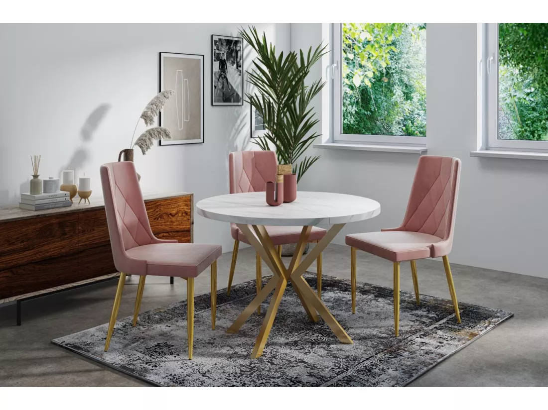 Table à Manger Extensible Ronde - Table Style Loft Avec Doré Pieds En Métal - 100 à 180 Cm - Table Ronde Style Industriel Pour Le Salon - Compacte - 100 Cm - Marbre