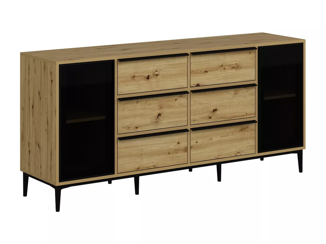 Buffet avec 2 portes en verre trempé et 6 tiroirs - Naturel et noir - MOLINIA