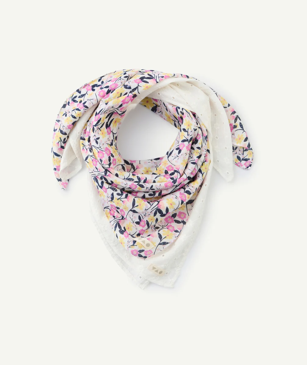 lot de 2 foulards fille en coton imprimé fleuri et écru brodé