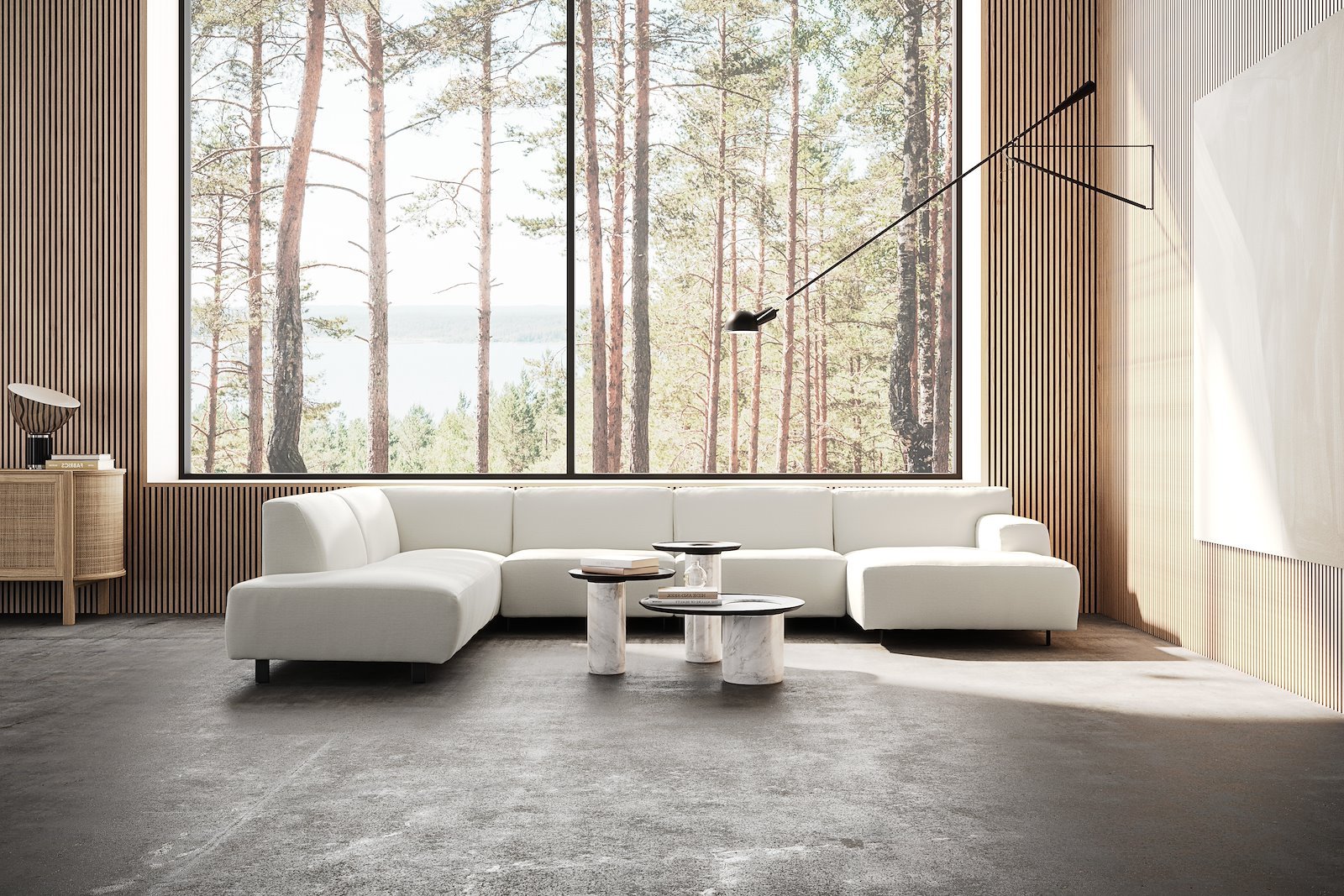 Vesta U-sofa Sjeselong høyre, 3-seter og åpen ende venstre. Big hjørnemodul, Tekstil Cortina White, sort metallben 10 cm, Comfort CM