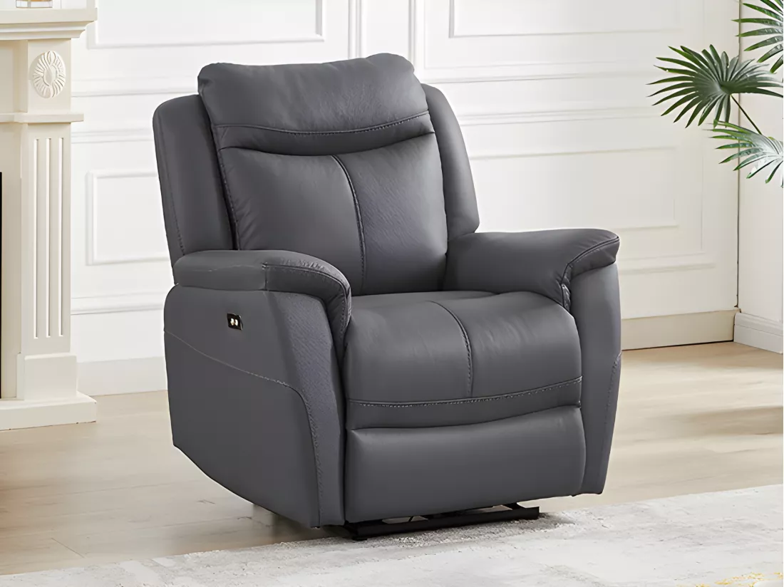 Fauteuil relax électrique en cuir de vachette gris anthracite NOMAJO
