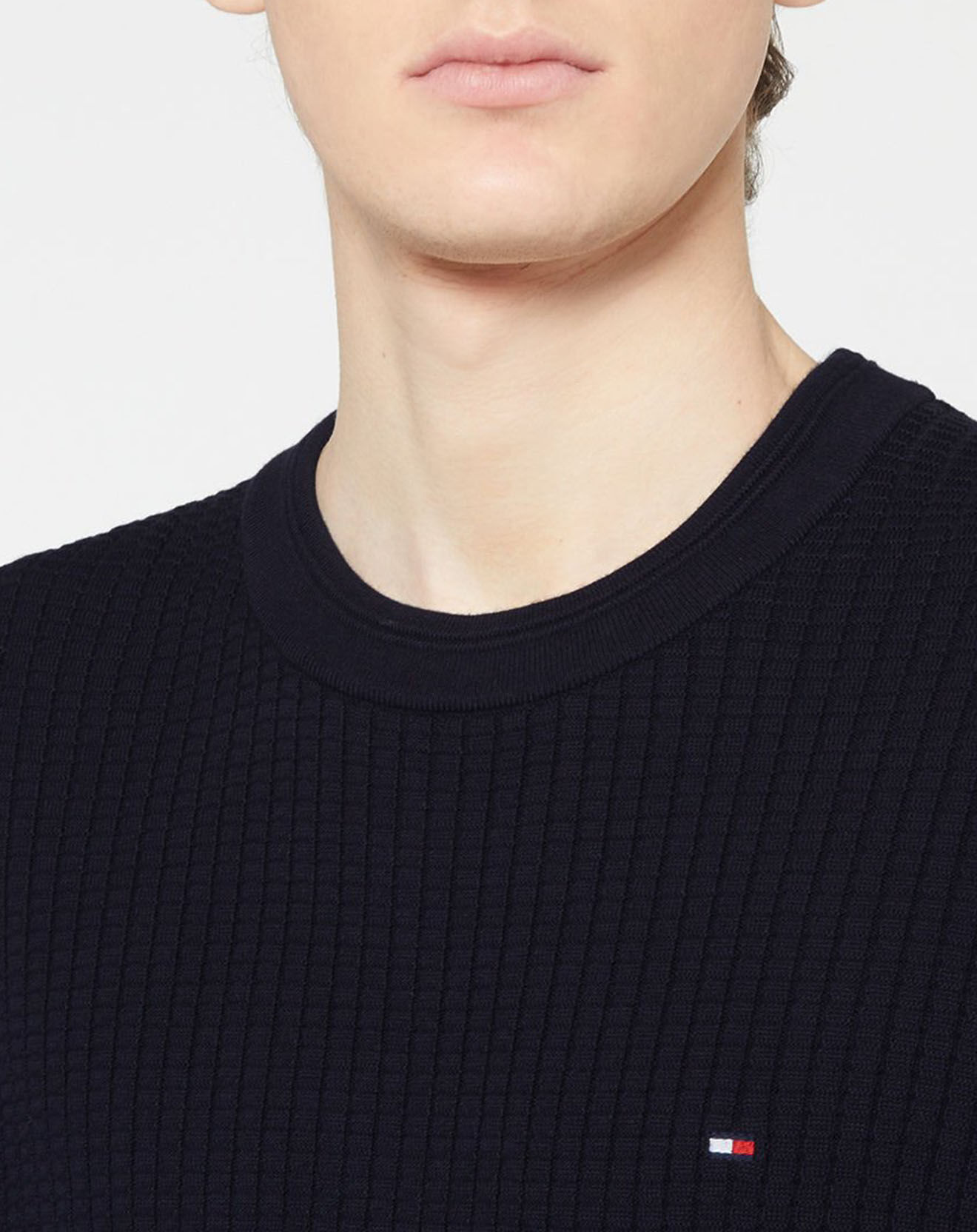 Tommy Hilfiger Pull Grid Structure col rond bleu marine