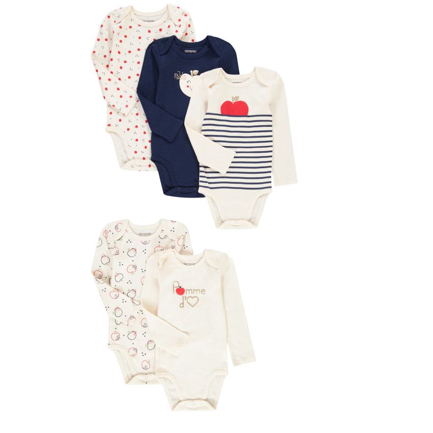 Lot de 5 bodies manches longues en coton fantaisie - Ecru
