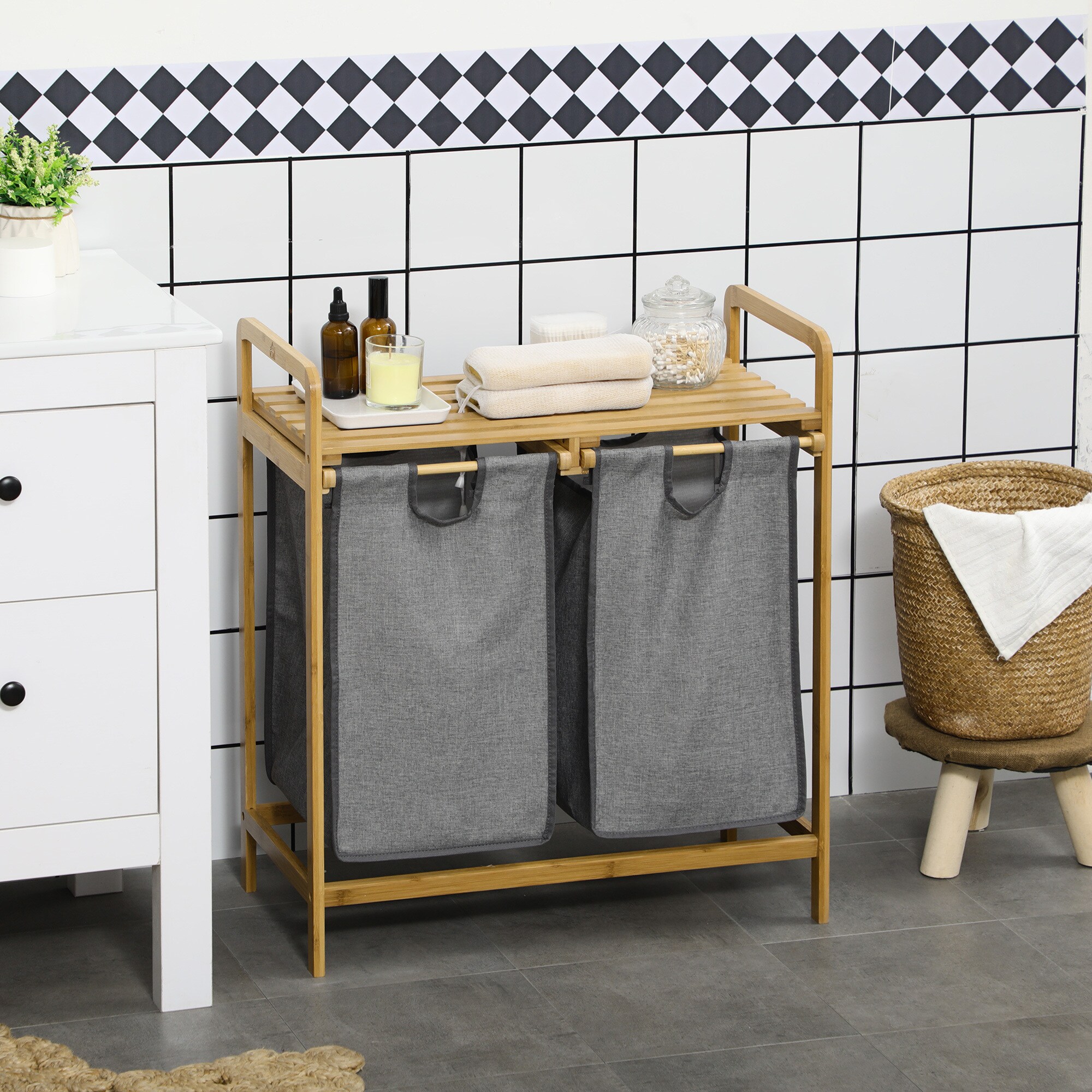 HOMCOM Wäschekorb mit 2 separate Wäschesäcken grau 63,5L x 33B x 73H cm