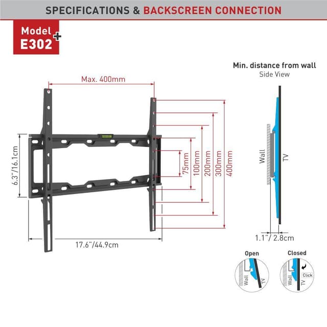 Barkan Flat/ Curved TV Wall Mount E302+ Wall Mount, Fixed, 19-65 
