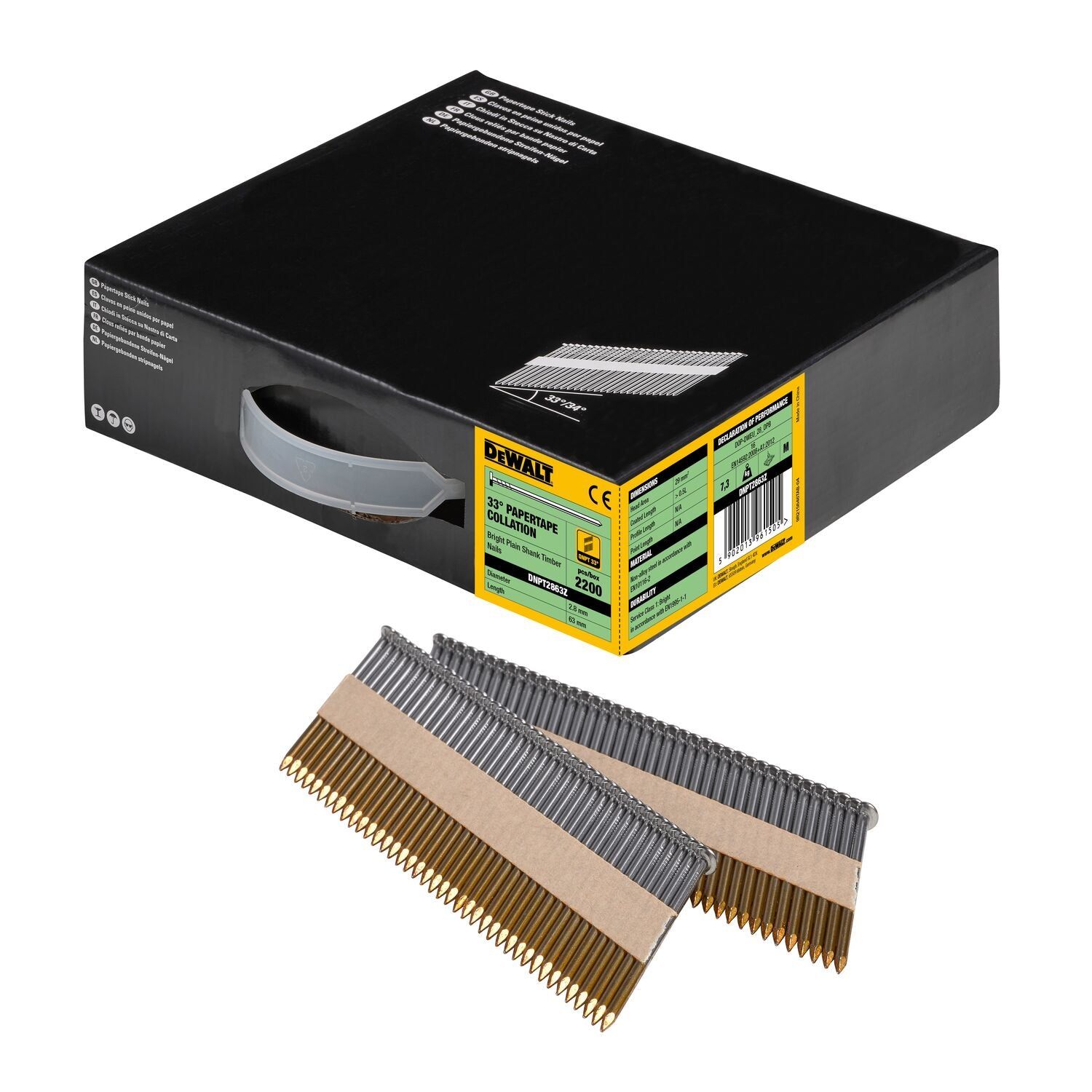 DeWALT DNPT2863Z 33º Papiergebonden Spijkers 2.8x63mm Helder / Recht VE=2200