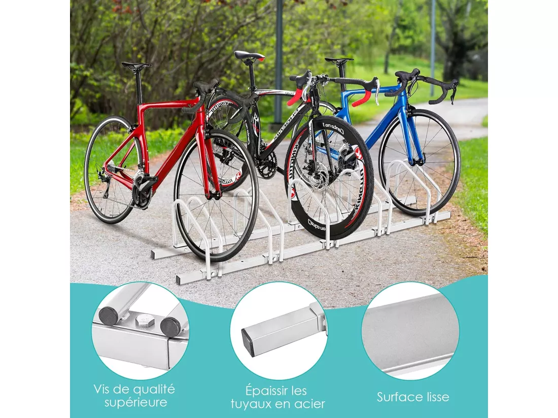 Râtelier 5 Vélos en Acier Fixation au Sol ou Mur 150x32.5x26CM Résistant aux Intempéries Antirouille Ecole Commerce Argent