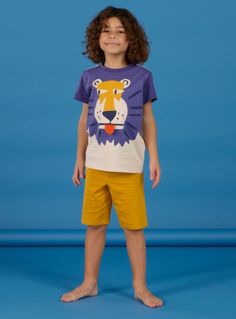 Pyjama gris clair, jaune et bleu à motif tête de lion