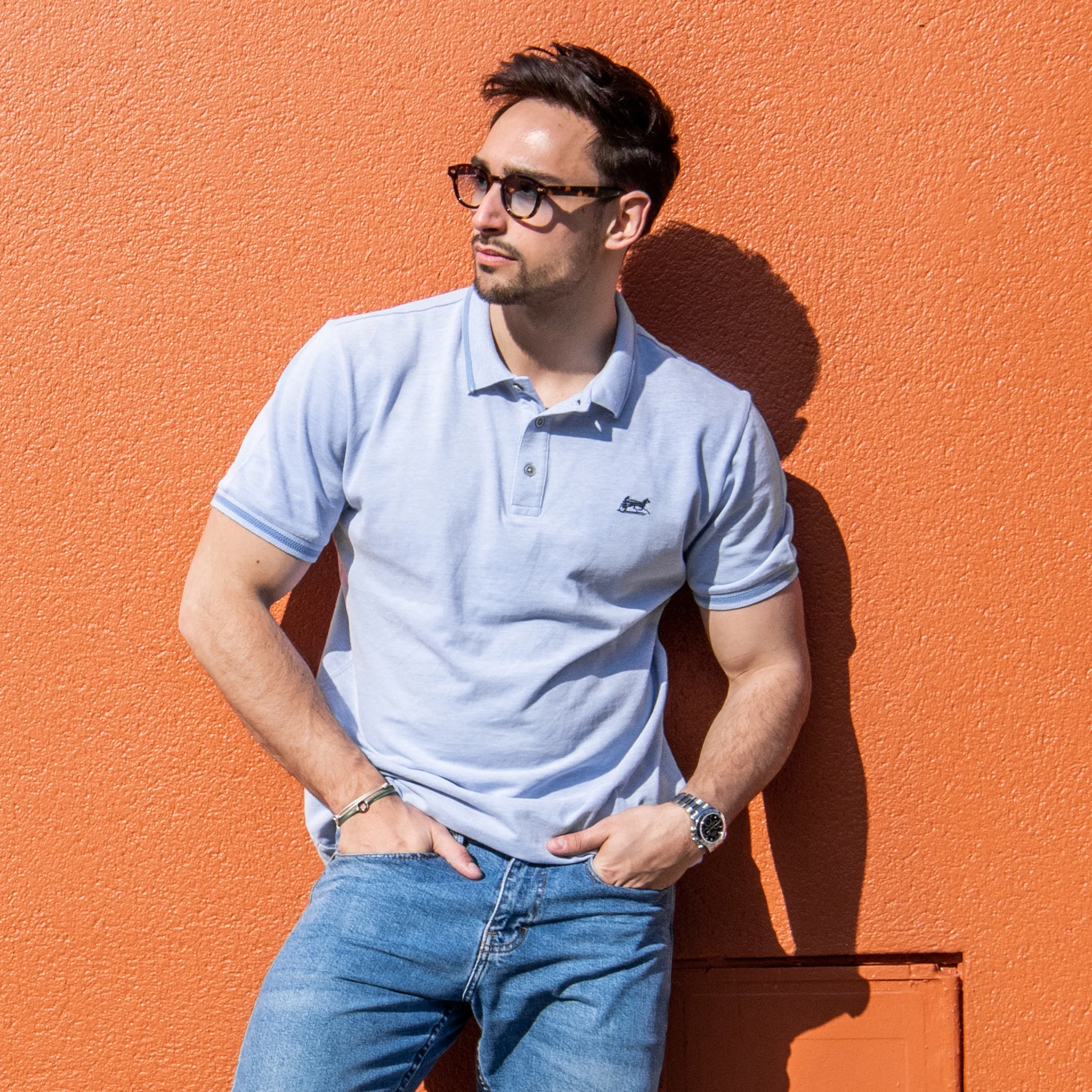 Polo bleu ciel chiné 100 % coton