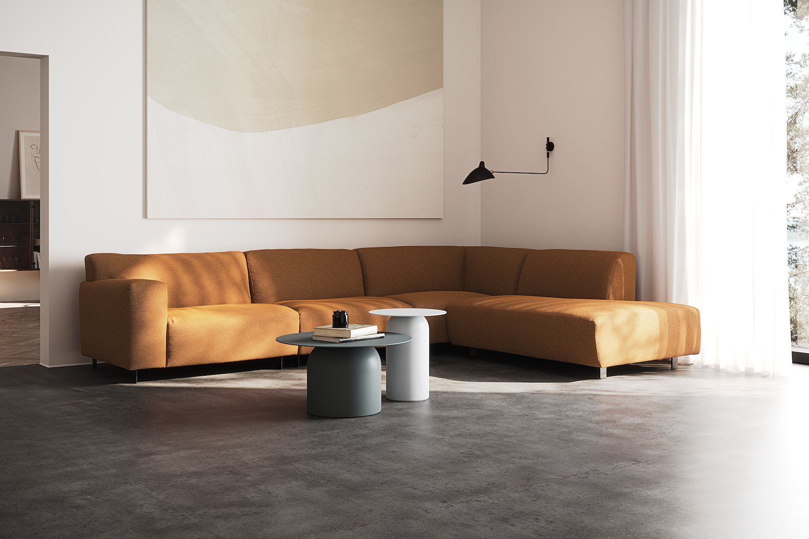 Vesta hjørnesofa 3-seter med åpen ende høyre, Big hjørnemodul, Tekstil Marilyn Bronze, standardsøm, sort metallben 10 cm, Comfort CM
