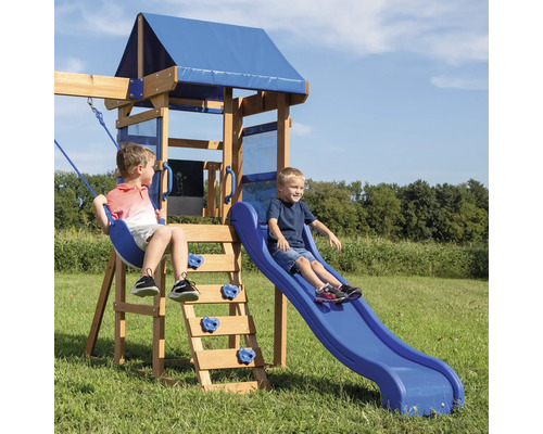 Speelhuis/Toren Achtertuin DISCOVERY 270 x 310 cm Hout Bruin, Blauw bestaande uit basistoren, schommel, glijbaan