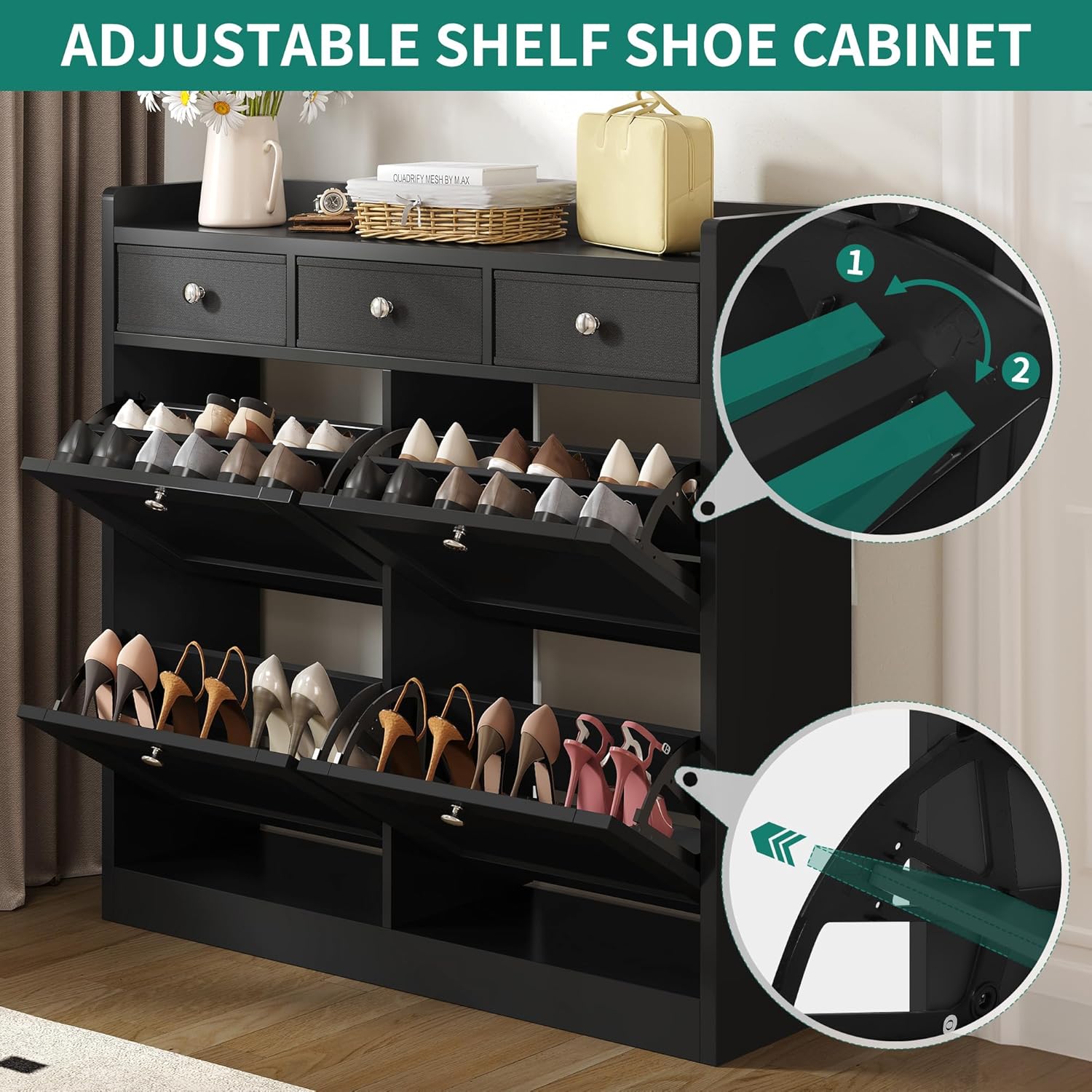YITAHOME Schuhschrank, Schuhregal Schuhkipper Schmal, Schuhschrank schwarz mit 4 Klappen, Shoe Cabinet Schuhkommode schuhschrank mit Schublade für Eingangsbereich, Flur (schwarz)