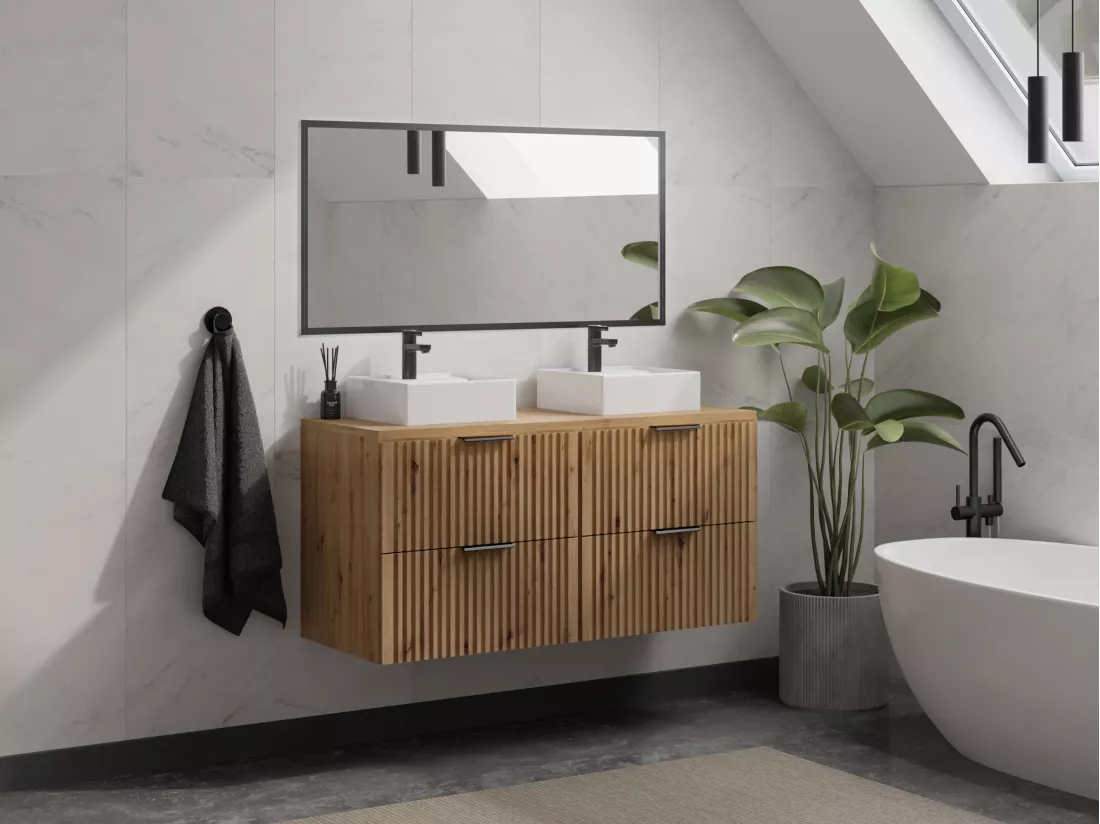 Meuble sous vasque suspendu strié - Naturel clair - L120 cm - ZEVARA
