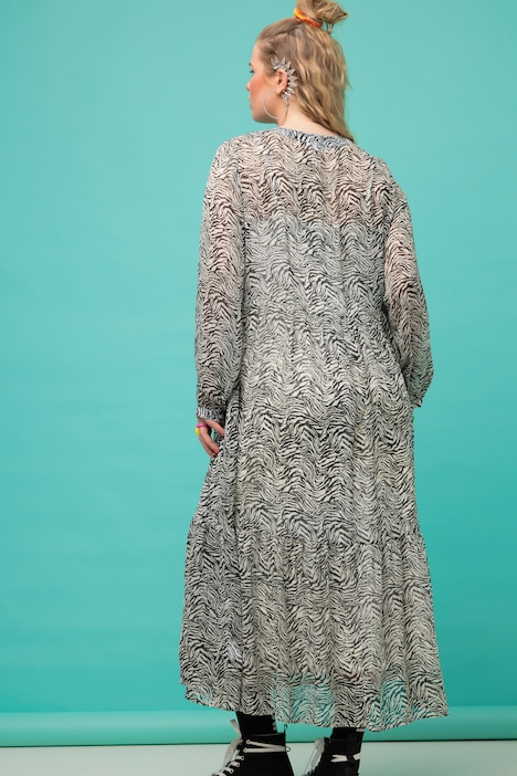 Maxikleid, A-Line, Chiffon, Zebra Muster, Rundhals, Langarm