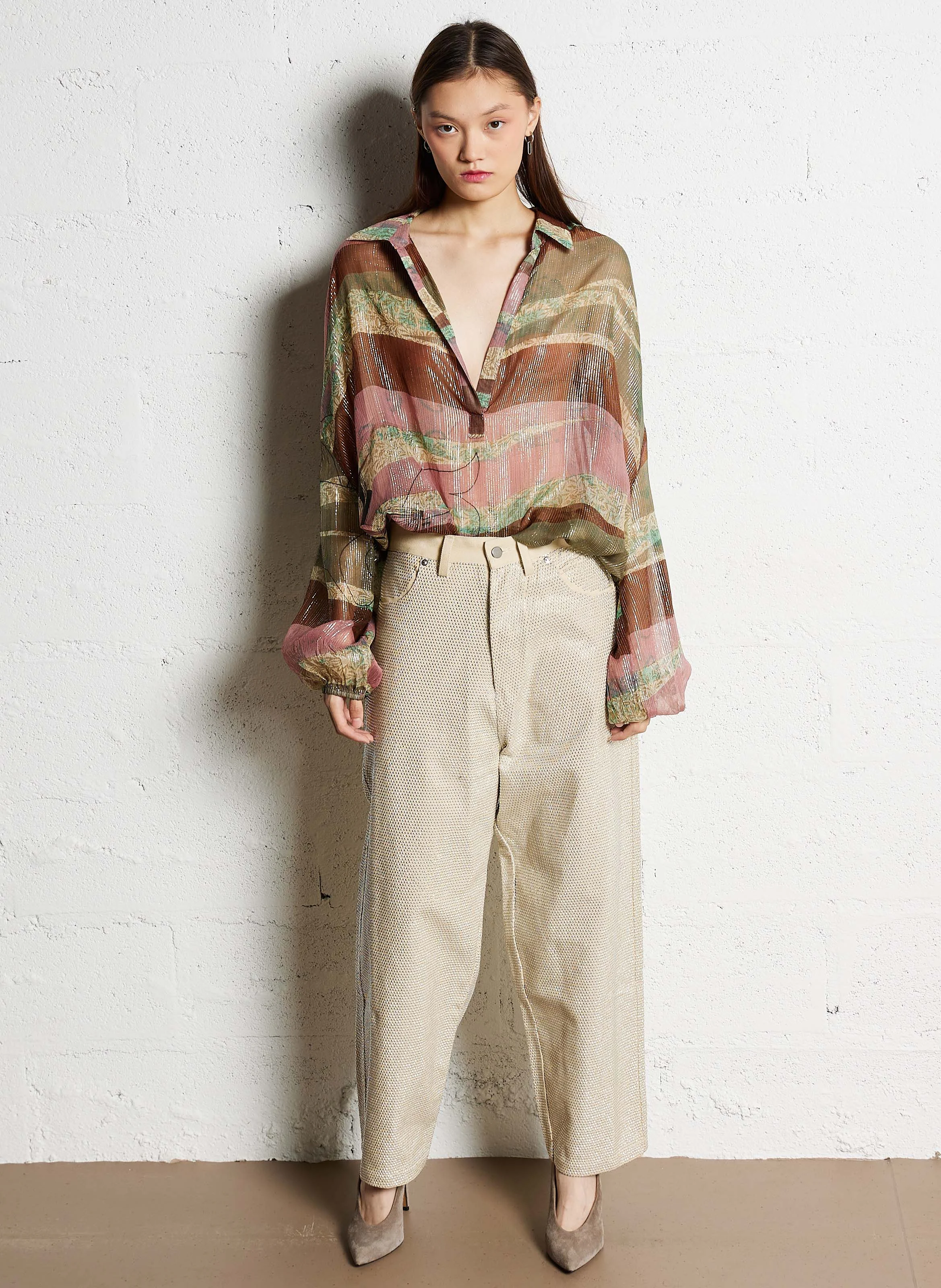 CREME - Pantalon large denim et strass en coton | Beige