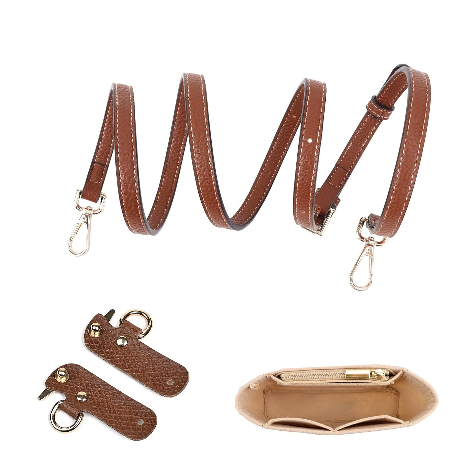 (16x9cm) Stoff Handtaschen Organizer Taschen Aufbewahrungs Einsatz mit Schultergurt für Longchamp Le Pliage - Beige / Braun