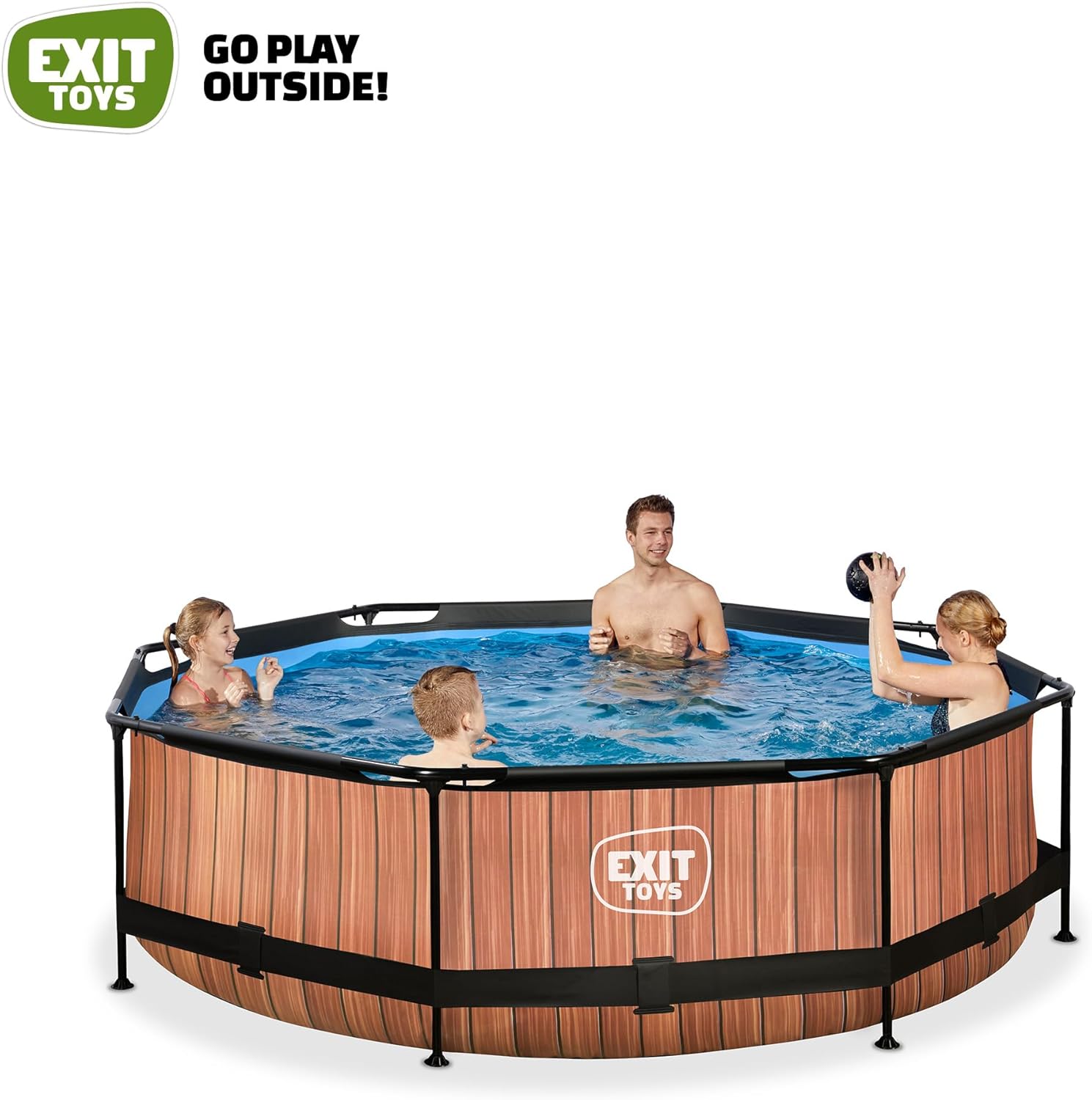 EXIT Toys Wood Pool - ø300x76cm - Runder Rahmenpool mit Kartuschenfilterpumpe - Leicht Zugänglich - Für Kleinkinder Geeignet - Starker Rahmen - Einzigartiges Design - Braun