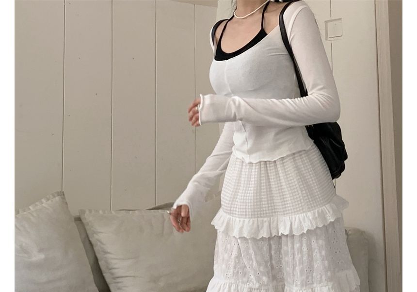 KUMI - Maxi A-lijn rok met elastische taille, effen ruches, geborduurde oogjes
