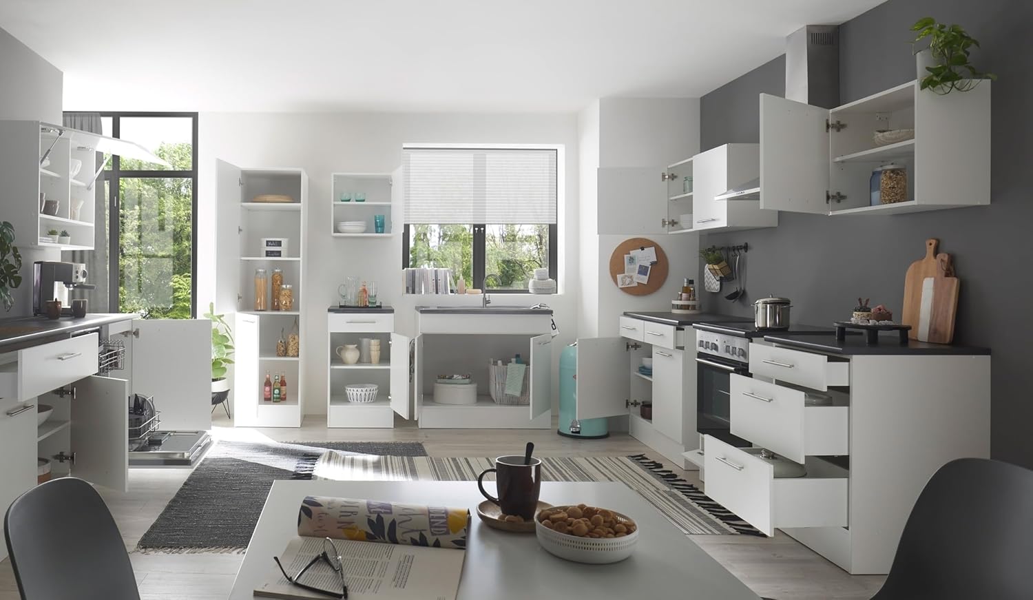 möbelando Eddy Moderner Küchenunterschrank in Weiß matt, Metallic Grau - Geräumiger Unterschrank Küche mit viel Stauraum - 100 x 90 x 60 cm (B/H/T)