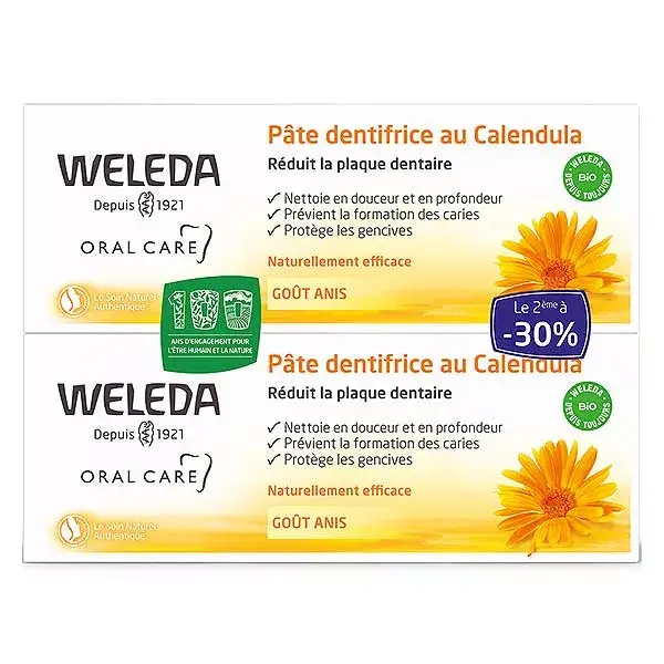 Pasta de dentes Weleda Oral Care com calêndula, embalagem com 2 unidades de 75ml.