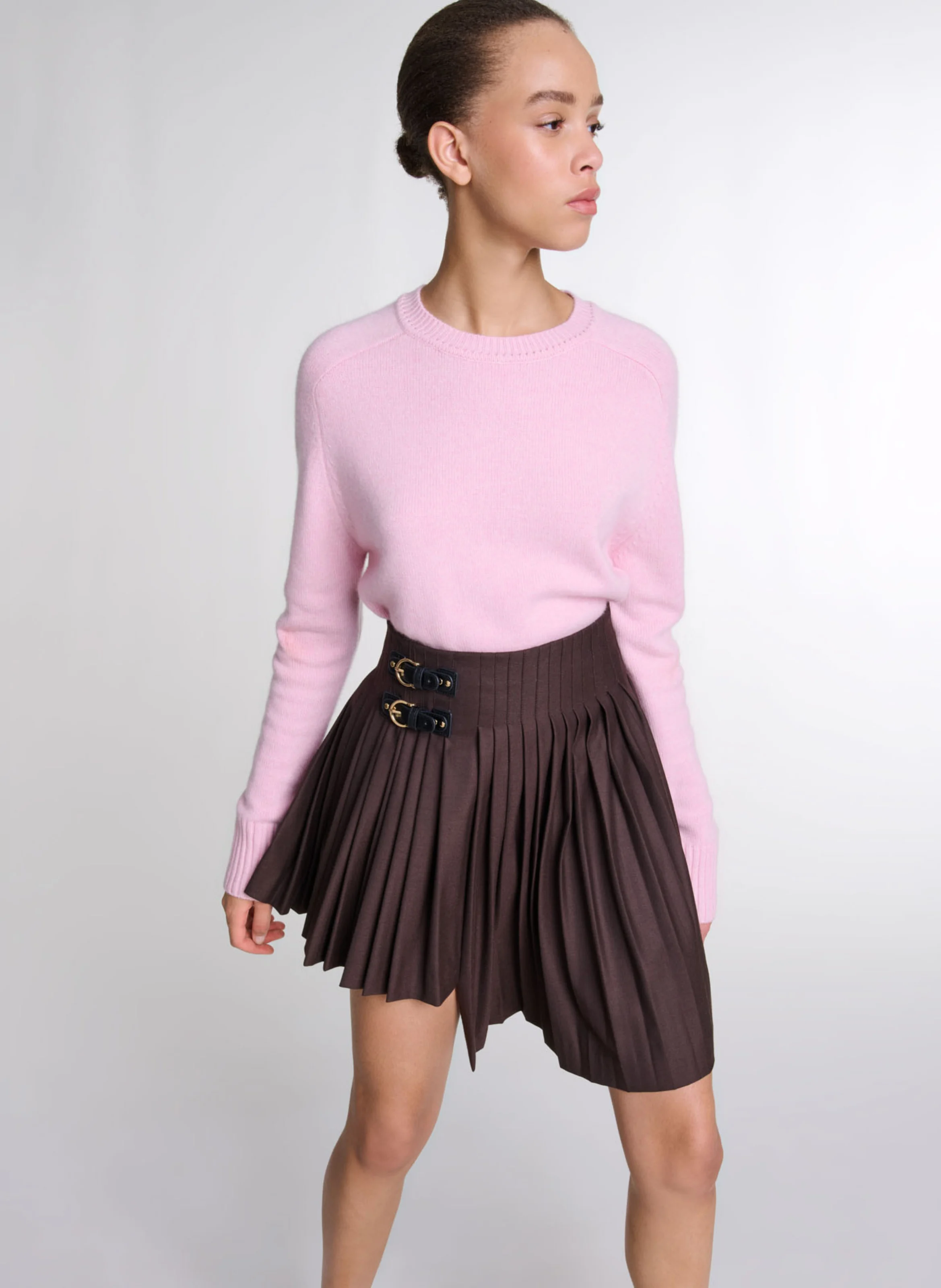 Jupe courte plissée asymétrique | Marron