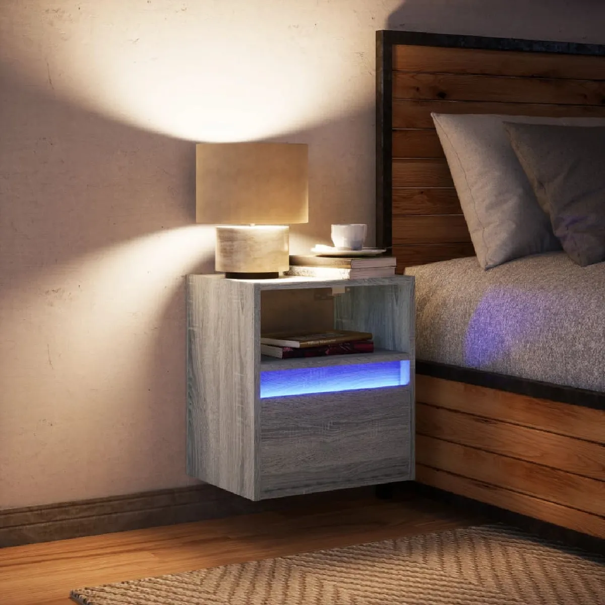 vidaXL Table de chevet murale - LED Sonoma gris