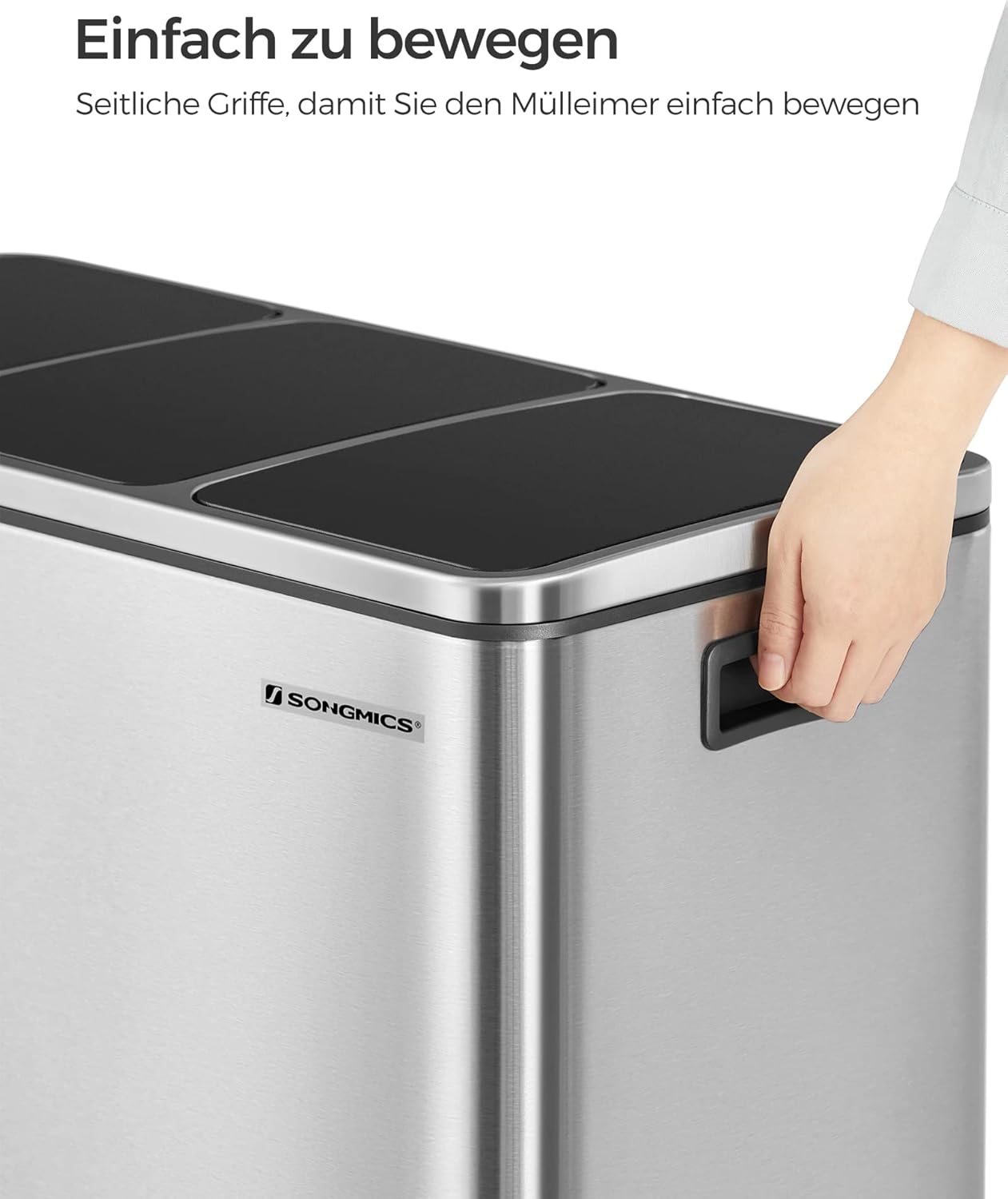 SONGMICS Mülleimer Küche, 3 x 18 L, Mülltrennsystem 3 Fächer, inklusive 15 Müllbeutel, Abfalleimer, Treteimer, für recycelbare Abfälle, Biomüll, mit Deckel, metallicsilber-tintenschwarz LTB54NL