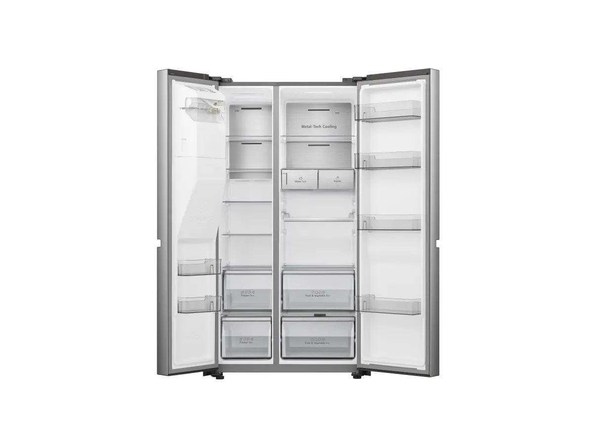 Hisense RS818N4TIC, Fritstående, Amerikansk dør, Rustfrit stål, Berøring, LED, På døren