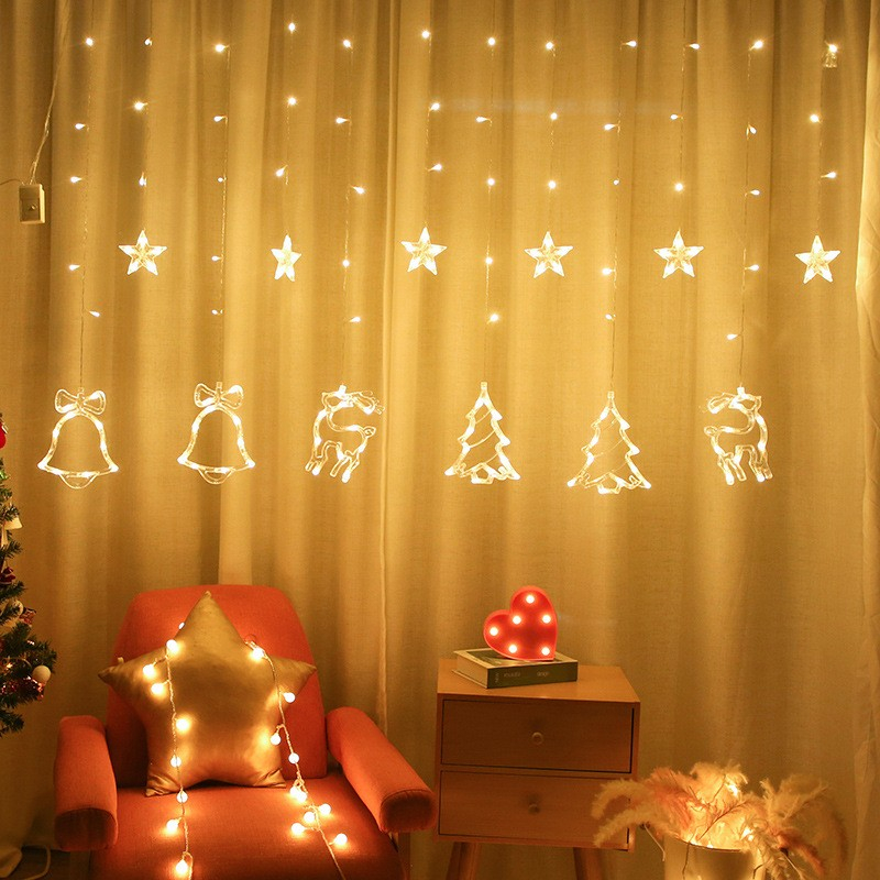 (2.5m) 138 LED's Weihnachts Deko Lichterkette Stern / Rentier / Tannenbaum / Glocke Vorhang Beleuchtung (Batteriebetrieben) - Warmweiss