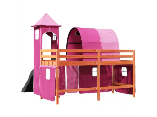Lit mezzanine enfants avec tour rose 90x190 cm bois pin massif