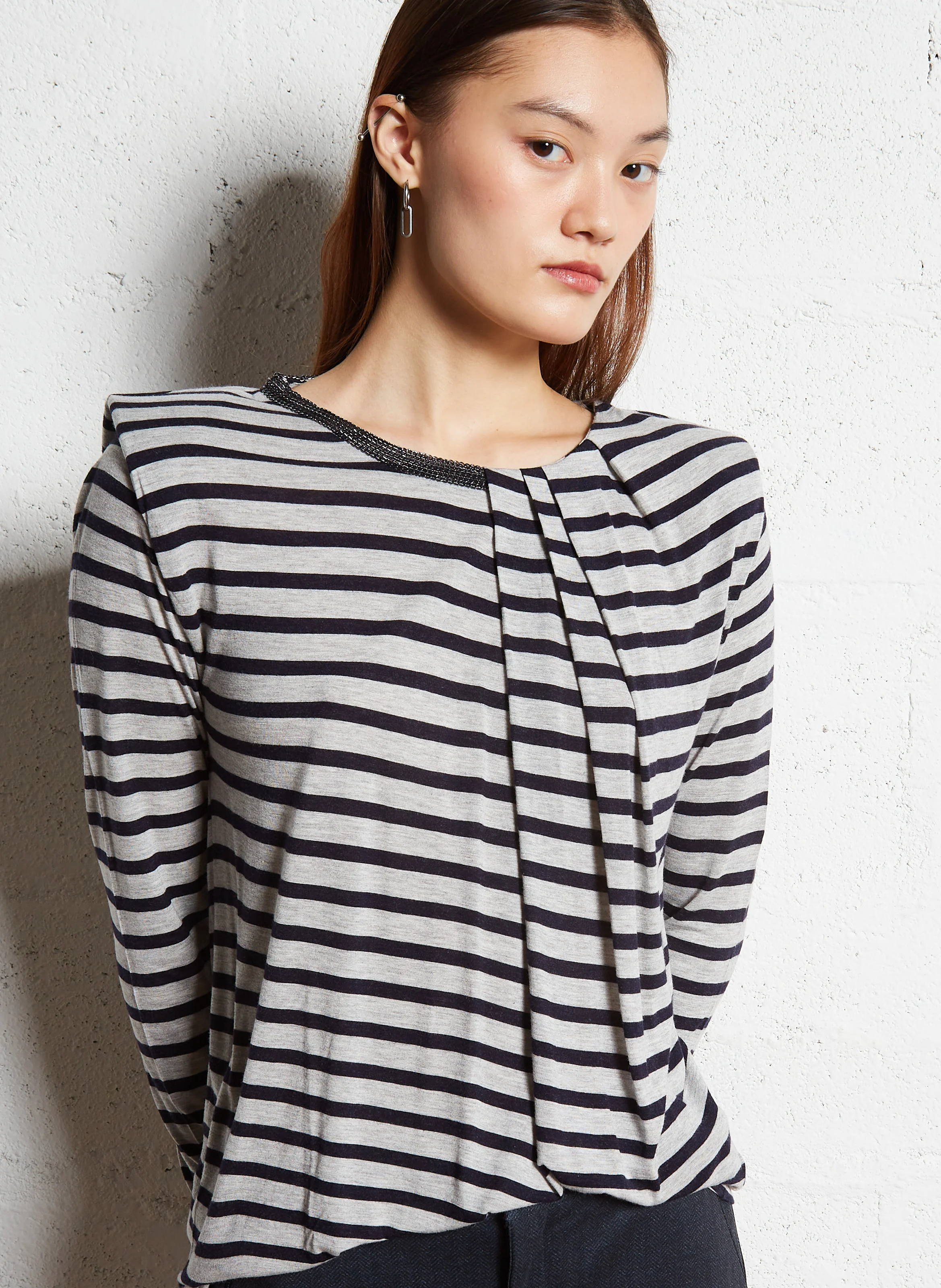 Tee-shirt col rond rayé | Gris