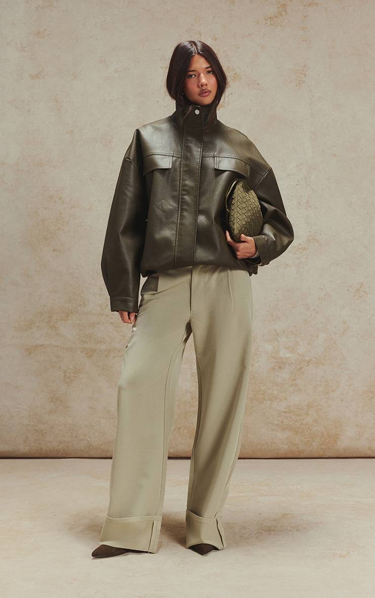 Vert Sauge Pantalon Large Plissé Ajusté En Tissu Tissé