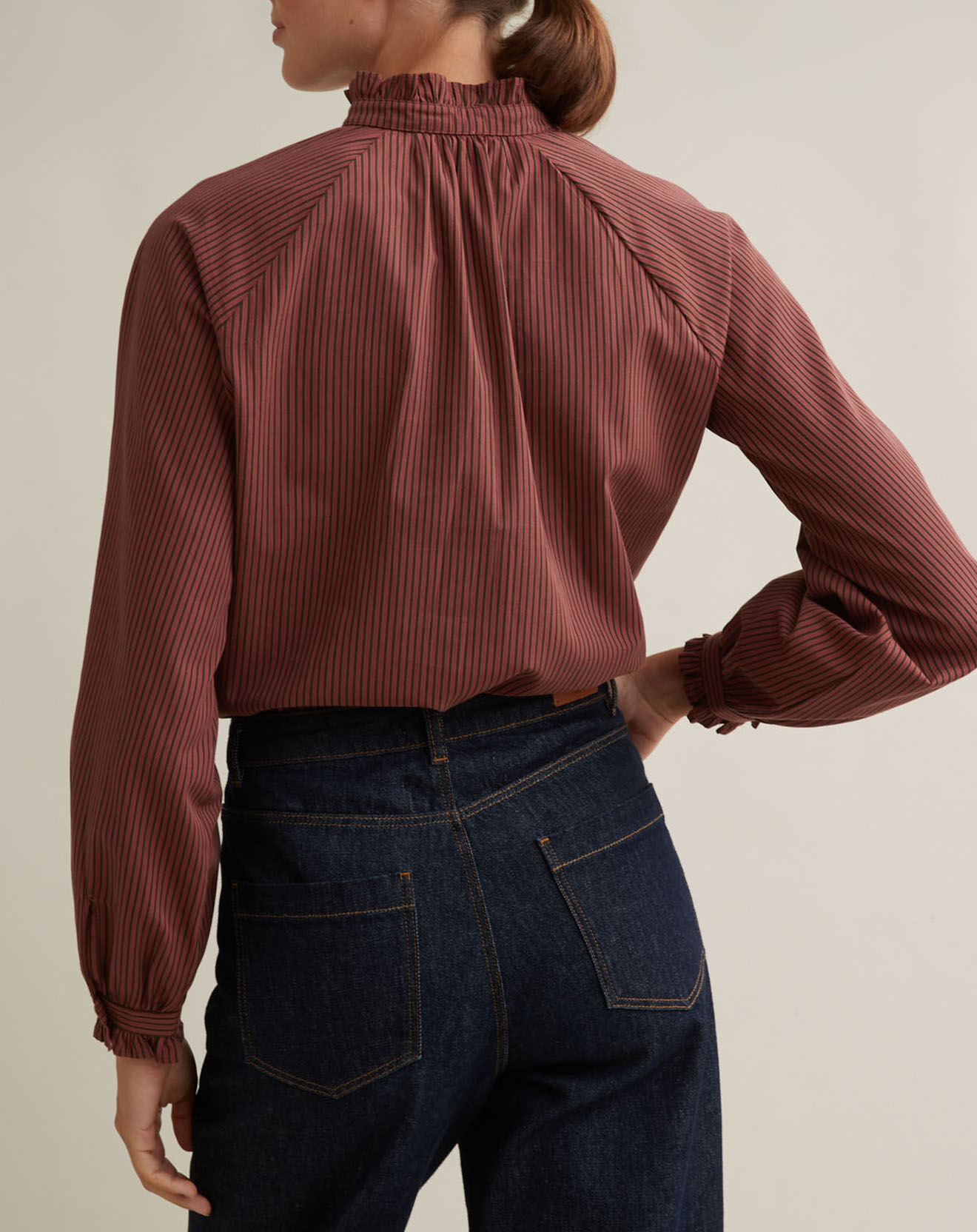 Cyrillus Blouse rayée col volanté rouge foncé