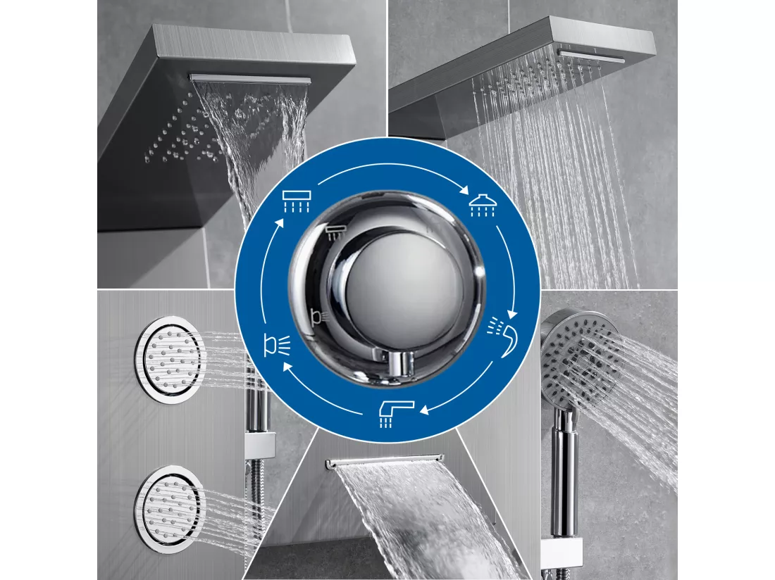 Panneau Douche AuraLum Max Colonne Douche Hydromassante LED Panneau de Douche en Acier Inox Brossé avec 3 Jets de Massage pour Salle bain,EU Modèle
