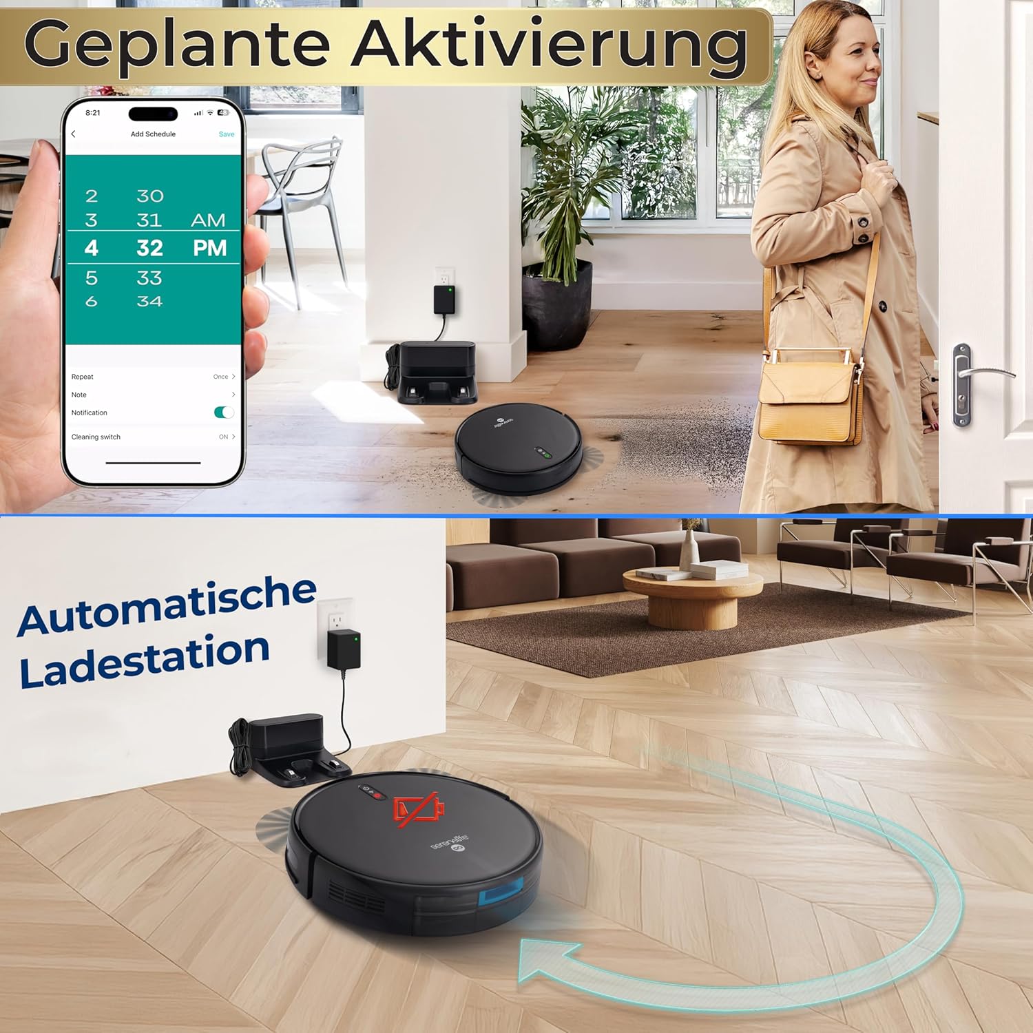 SereneLife Saug Wischroboter mit Selbstreinigung, 3000pa- Saugwischer Roboter, Saugroboter mit APP Steuerung & Selbstaufladend, 4 Reinigungsmodi, Staubsauger Roboter für Tierhaare, Weiche/Harte Böden