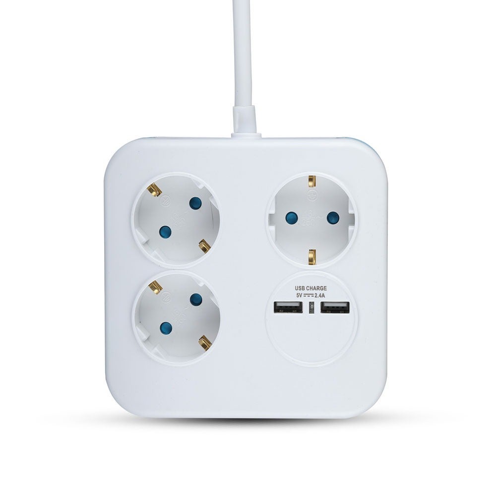 3-voudig verlengsnoer - USB - IP20 - Wit - 1,4 m kabel - Vierkant - Stopcontact - Stekkerdoos