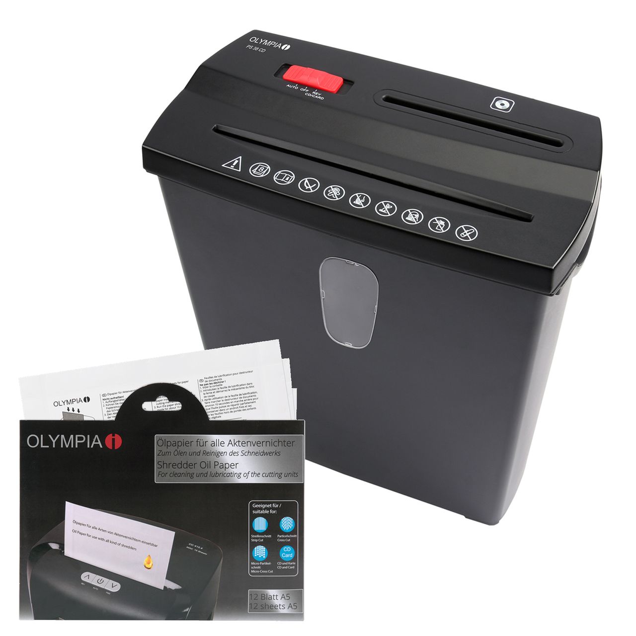 OLYMPIA PS 38 CD Aktenvernichter im SET mit Ölpapier für Papier, CDs und Kreditkarten