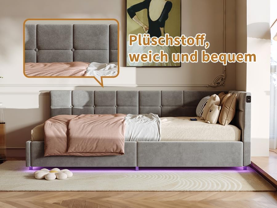 Polsterbett Schlafsofa 90 x 200 cm mit LED und USB, Jugendbett Multifunktionsbett mit Hydraulischer Stauraum und Bettkasten, Schlafsofa Einzelbett Sofa-Bett mit Lattenrost, Daybett Tagesbett (Grau)