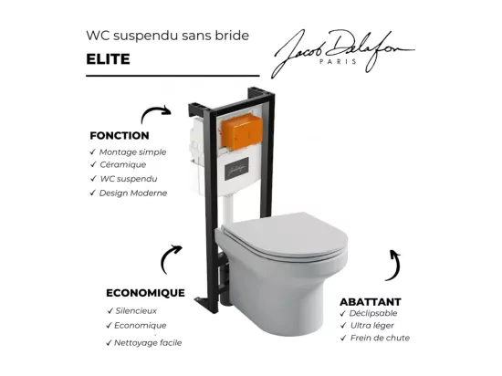 Pack WC suspendu sans bride JACOB DELAFON Elite + bâti-support + plaque Blanc brillant + accessoires