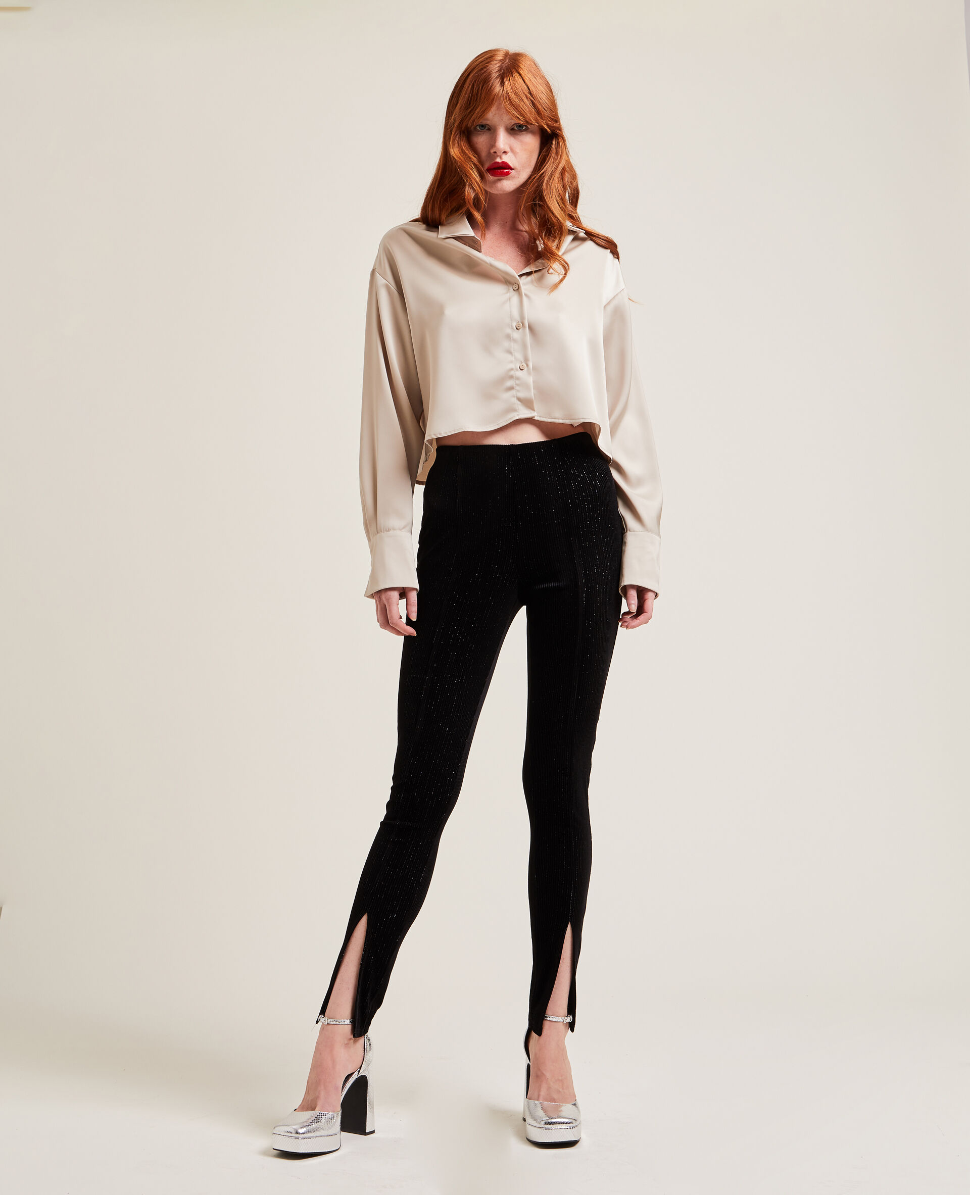 Legging en velours et lurex avec fentes - Noir