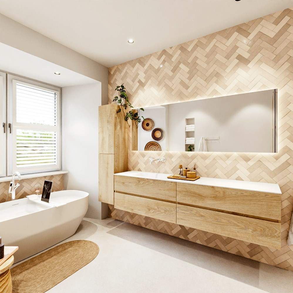 Mondiaz Vica XL badmeubel washed oak 4 lades 200cm met wastafel Cloud links zonder kraangat