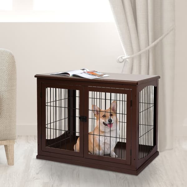 Hundebur til hjemmet, hundehus med 2 innganger, låsbar hundebur, hundehus for små hunder, brunt, 58,5 x 81 x 66 cm