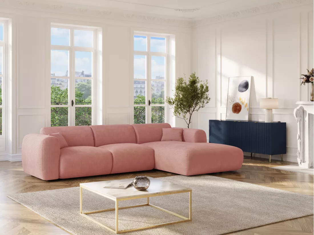 Grand canapé d'angle droit en tissu texturé rose POGNI de Maison Céphy