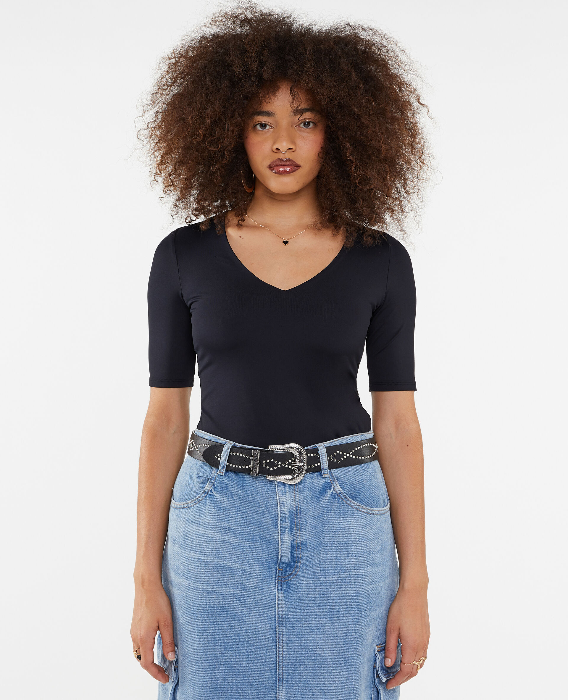 Top col V en maille - Noir