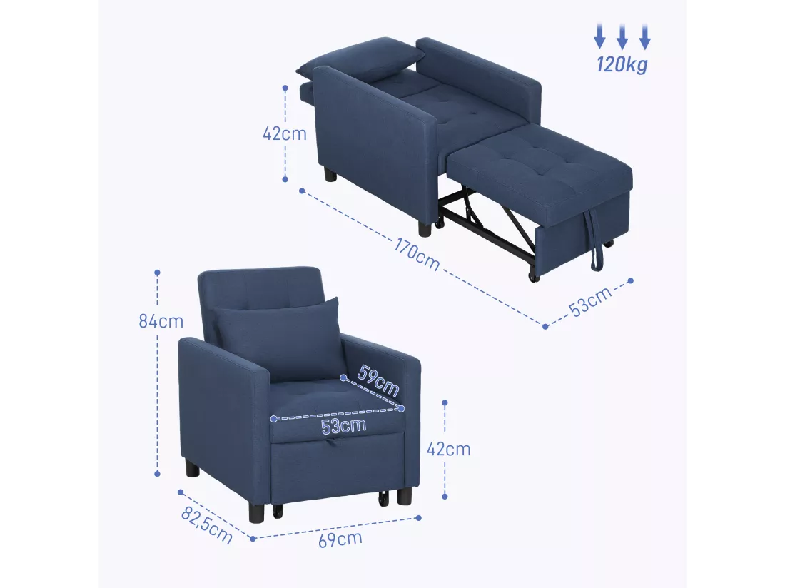 Fauteuil chauffeuse canapé-lit convertible 1 place dossier inclinable 3 positions coussin inclus polyester coton bleu