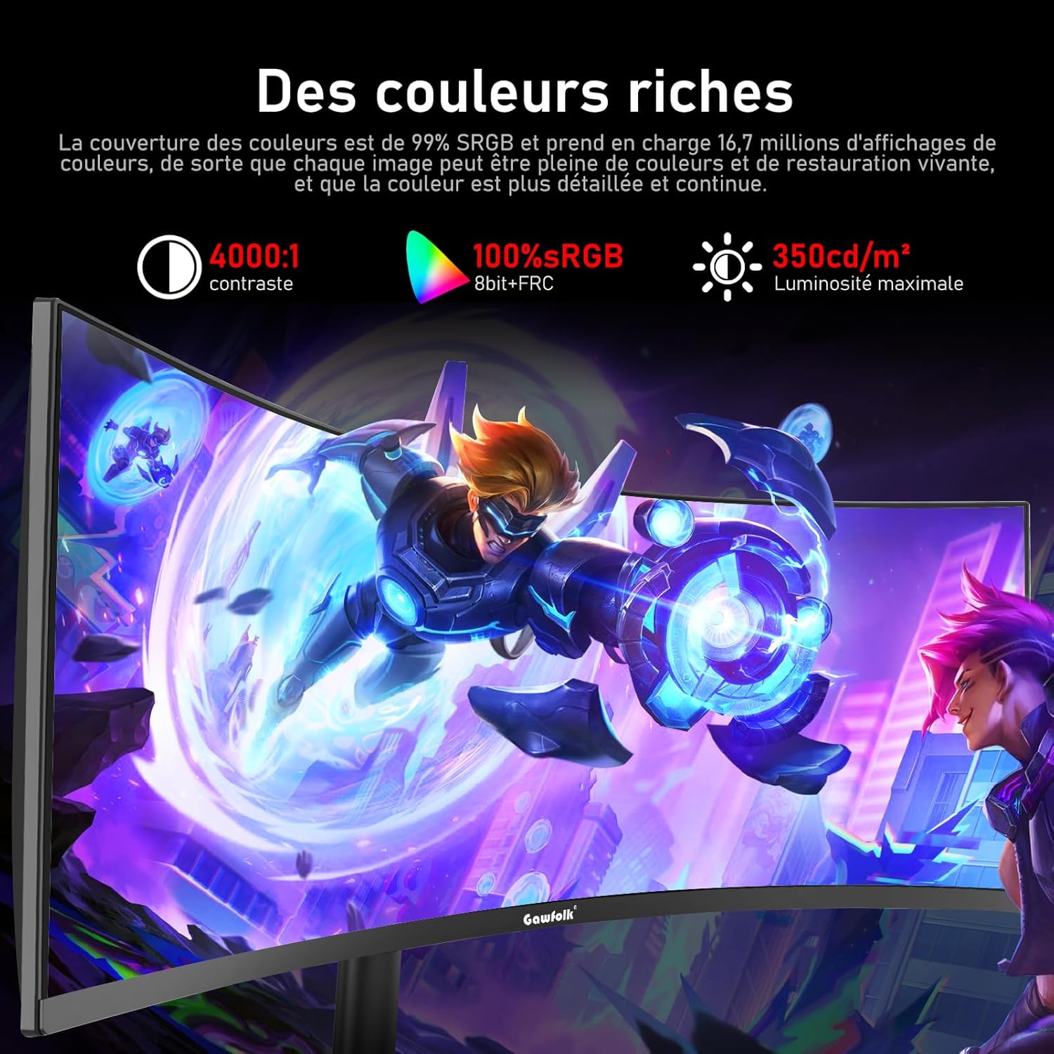 Gawfolk Écran PC Ultra Large 34 Pouces 1000R incurvé 180Hz Gaming Computer Moniteur 21:9 UWQHD (3440x1440),1ms,100% sRGB,Adaptive Sync,Display Port、HDMI,Fonction de Levage,Compatible avec Mural -Noir