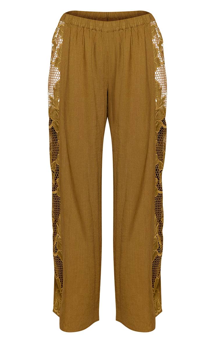 Vert Olive Pantalon Coordonné À Appliqués De Dentelle Florale
